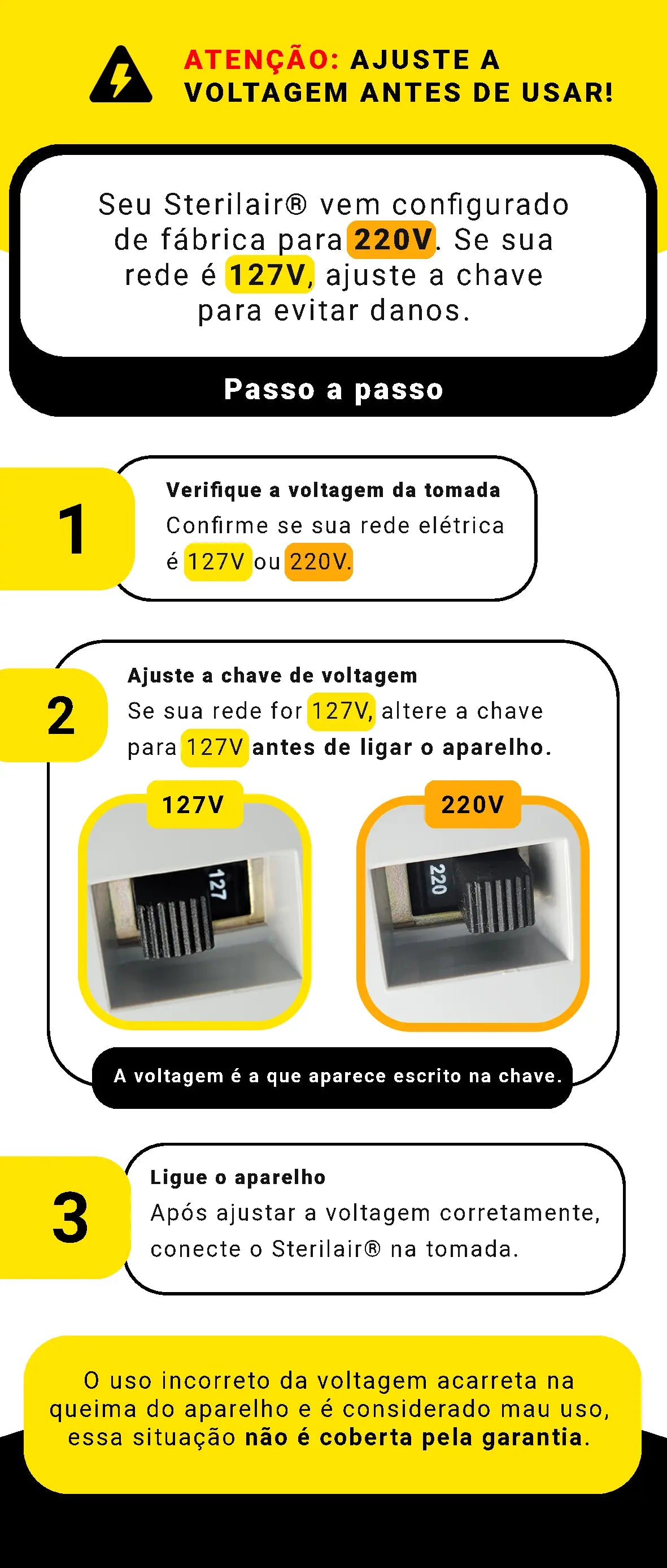 Como ajustar voltagem do Sterilair